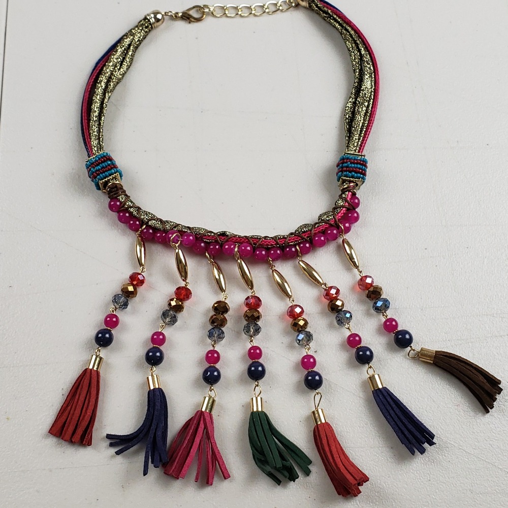 Bohemian Multi-Color Beaded Tassel Bib Statement Necklace Gold Tone 21 Inch